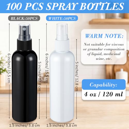 Kigley 100 Pcs Small Spray Bottle Bulk 4 oz Plastic Empty Mist Spray Bottles for Essential Oils Fine Mist Sprayer Reusable Refillable Portable Travel Containers for Cleaning Samples (Black and White) - color: Black and White