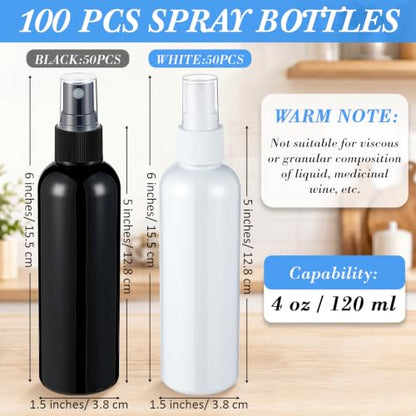 Kigley 100 Pcs Small Spray Bottle Bulk 4 oz Plastic Empty Mist Spray Bottles for Essential Oils Fine Mist Sprayer Reusable Refillable Portable Travel Containers for Cleaning Samples (Black and White) - color: Black and White