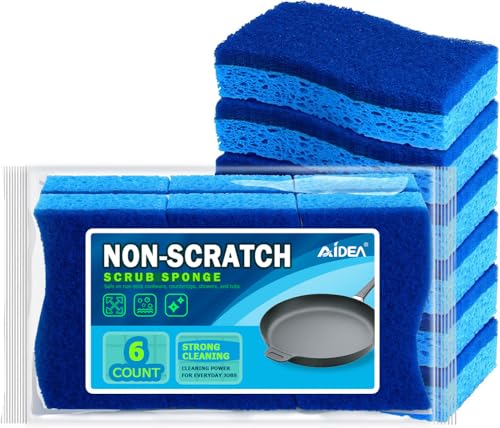AIDEA Sponges Kitchen, Non Scratch Scrub Sponge, 6Count, Sponges for Non Stick Cookware, Cleaning Sponge for Dishes, Cleans Fast Without Scratching, Cleaning Power for Kitchen, Bathroom, Household - color: Blue