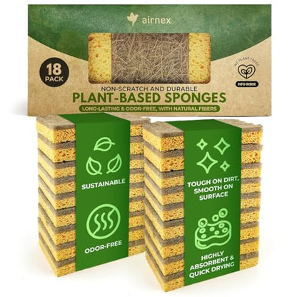 AIRNEX Natural Kitchen Sponges Pack of 18 - Biodegradable Cellulose and Coconut Husk Walnut Scrubbers - Odor Free Non Scratch - Eco Friendly Quick Drying Dishwashing Sponges - size: 18 Pack