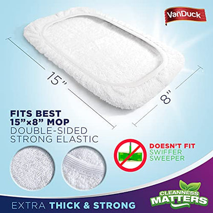 VanDuck 100% Cotton Terry Mop Pads 15x8 Inches, 3-Pack (Mop Not Included) | Reusable terry cloth mop covers, cotton replacement pads, floor cleaning refills, machine washable