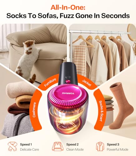 TORRAS Rechargeable Fabric Shaver Electric Lint Remover 3-Speed Remove Fuzz, Pilling for Cashmere, Wool, Clothes, Sweater, Coat, Furniture, Clothes depiller with Replacement Blades - color: Black