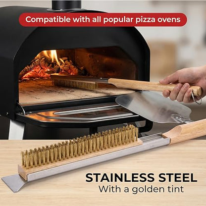 ZEAYEA 21 Inch Pizza Oven Brush with Scraper, Brass Bristles, Copper Wire Pizza Stone Cleaning Brush for BBQ Grill Cleaning, Outdoor Oven Accessories