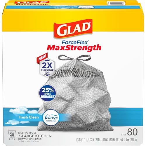 Glad ForceFlex MaxStrength Kitchen Trash Bags, 20 Gal, Fresh Clean Febreze, 80 Ct (Package May Vary) (Pack of 3) - size: 80 Count (Pack of 3)