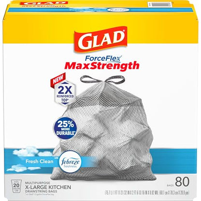 Glad ForceFlex MaxStrength Kitchen Trash Bags, 20 Gal, Fresh Clean Febreze, 80 Ct (Package May Vary) (Pack of 3) - size: 80 Count (Pack of 3)
