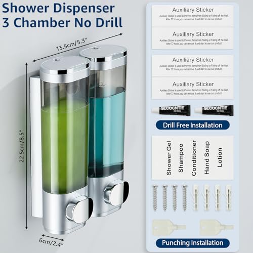 Shampoo and Conditioner Dispenser 2 Chamber No Drill,Shower Soap Pump Dispenser Wall Mounted,Body Wash Dispenser,Shower Gel Shampoo Holder for Bathroom Accessories, (Silver 2) - color: Silver 2