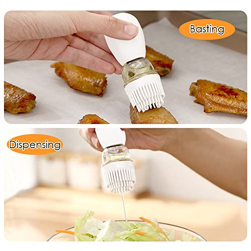 2 Pack Oil Dispenser Bottle With Basting Brush - 2 In 1 Glass Olive Oil Storage Container with Measuring Lines Silicone Squeeze Dropper for Cooking Frying Baking BBQ, T-OB23, Gray+White