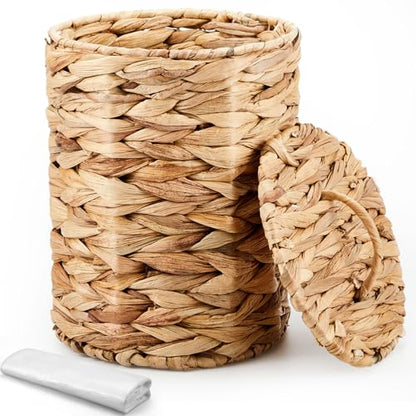 Ctosree 1.3 Gallons Small Trash Can with Lid Handle Boho Woven Braided Bathroom Waste Basket Trash Can with 100 Garbage Bags for Bedroom Office Laundry (Natural, Braided Wicker, Round) - color: Natural, style: Round