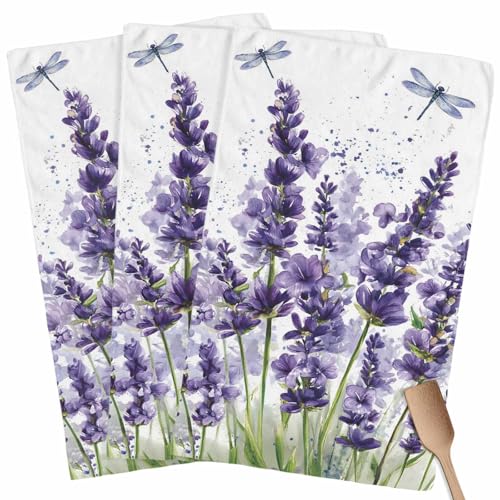 Lavender Dragonfly Flower Kitchen Dish Towels Set of 3, Soft Lightweight Microfiber Absorbent Hand Towel Purple Plant Tea Towel for Kitchen Bathroom 18x28in - size: 3PCS-18x28in(45x75cm)