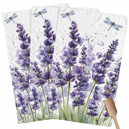 Lavender Dragonfly Flower Kitchen Dish Towels Set of 3, Soft Lightweight Microfiber Absorbent Hand Towel Purple Plant Tea Towel for Kitchen Bathroom 18x28in - size: 3PCS-18x28in(45x75cm)