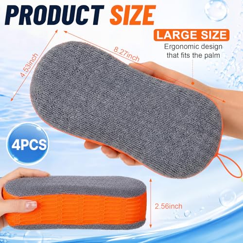 4 Pack Large Microfiber Car Wash Sponges, Cleaning Extra Thick Multi-Purpose Non Scratch Dual-Sided Scrub Pad Reusable Pad for Car, Trucks, Suvs, Boat, Bathroom, Kitchen(Green & Orange) - color: Green & Orange