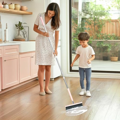 Floor Scrub Brush With Squeegee, Grout Brush With Telescopic Long Handle, V-Shape Floor Scrubber With Scrape Stiff Bristle for Shower Tile Grout Cleaning, Kitchen Bathroom Baseboard Deck Tool