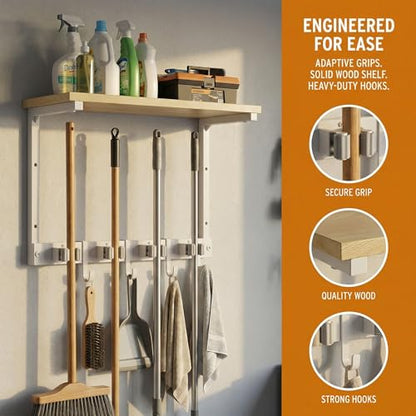 Upgraded Broom Holder Wall Mount with Shelf, Mop and Broom Organizer Wall Hanging, Cleaning Supplies Organizer (small)