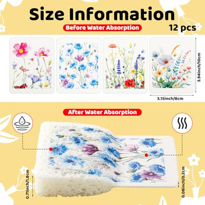 Chengu 12 Pcs Kitchen Dish Sponges - Wildflowers Printed Compressed Cellulose Sponges - Non-Scratch Reusable Household Cleaning Sink Sponge for Kitchen Dishes Bathroom Cars - style: Wildflower