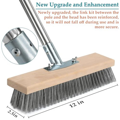 Stainless Steel Deck Scrub Brush with Long Handle, Outdoor Broom for Concrete, Deck, Cement Floor Cleaning, 53" Long Handled Heavy Duty Floor Scrubber