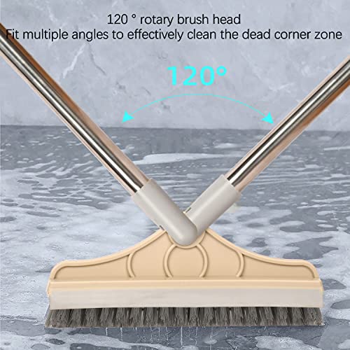 2 in 1 Cleaning Floor Scrub Brush Floor Brush Scrubber New Upgraded 53.5" Long Handle Grout Brush Scrape V-Shape Stiff Bristle Cleaning Brush with Squeegee 120°Rotating Tile Brush for Bathroom - color: Gray