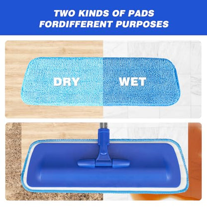 17.5" Professional Microfiber Floor Cleaning Mop, Flat Mop with Stainless Steel Handle, 2 Reusable Washable Pads, Wet and Dust Mopping for Hardwood, Vinyl, Laminate, Tile Cleaning (Blue)