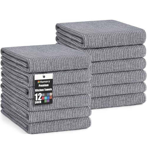 Homaxy Premium Kitchen Towels(18”x 28”, 12 Pack), Large Cotton Kitchen Hand Towels, Flat and Terry Dish Towels, 380 GSM Highly Absorbent Tea Towel Set with Hanging Loop, Grey - color: Grey, style: 12-pack
