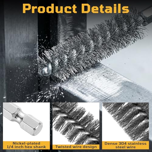 NOOTEASS 27 Pcs Stainless Steel Bore Brush Set, 5/16"-1-1/8" Metal Wire Cleaning Brushes with 1/4" Hex Shank, Abrasive Bore Cleaning Wire Brush for Drill Remove Rust Dirt Pipes Machinery Parts