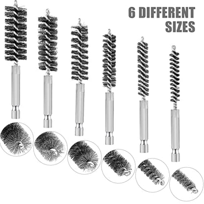 Patelai 6 Pcs Stainless Steel Wire Bore Brush Different Size Twisted Cleaning Brush with Handle 1/4 Inch Hex Shank for Power Drill Impact Driver (9/ 11/ 13/ 16/ 18/ 19 mm) - size: 9/ 11/ 13/ 16/ 18/ 19 mm