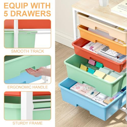SYKIARIOL Utility Cart with 5 Drawers,Storage Cart with Wooden Tabletop and Lockable Wheels,Craft Storage Trolley Organizer,5-Tier Rolling Utility on Wheels,Macaron - color: Macaron