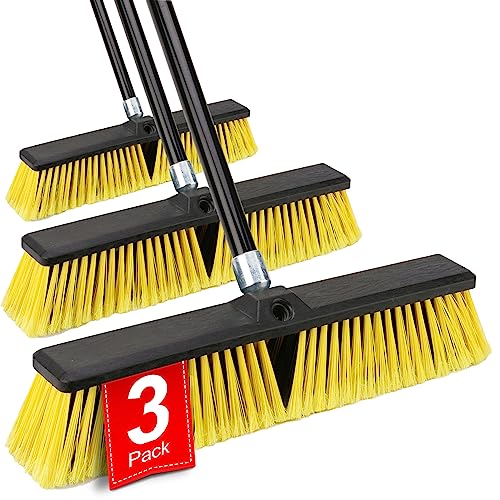 18 Inches Push Broom Outdoor- Heavy Duty Broom with 63" Long Handle for Deck Driveway Garage Yard Patio Concrete Floor Cleaning - color: Yellow 18 Inches Heavy Duty 3 Pack