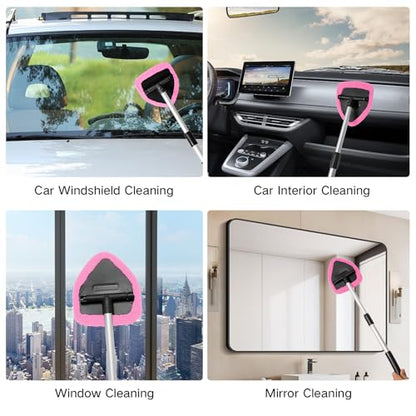 Qydipclin 10pcs Windshield Cleaner Tool, Car Window Cleaning Wash Kit with 4 Reusable Microfiber Pads 1 Spray Bottle and Extendable Handle Auto Glass Wiper Kit, Pink - color: Pink