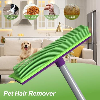 Rubber Broom Pet Hair Remover, Silicone Squeegee Brooms for Floor, Tile, Windows, Carpet Cleaning, 4-Section Pole up to 58 inches