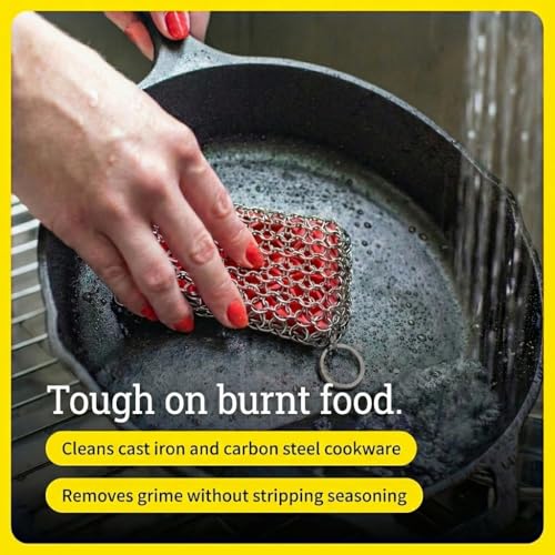 Lodge Chainmail Scrubbing Pad - Heavy Duty Stainless Steel Cast Iron Scrubber with Silicone Grip - Reusable Cleaning Pad for Cookware & Kitchen Essentials - Red | bike-oils
