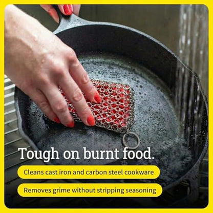 Lodge Chainmail Scrubbing Pad - Heavy Duty Stainless Steel Cast Iron Scrubber with Silicone Grip - Reusable Cleaning Pad for Cookware & Kitchen Essentials - Red | bike-oils
