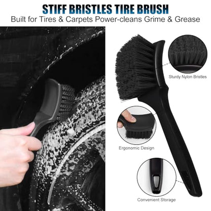 8Pcs Wheel Brush, Tire Brush, Wheel Cleaner Brush Set - 2 Soft Wheel Cleaning Brushes, Detailing Brush & Hard Tire Scrubber, Flexible and Durable Rim Cleaning Brush Kit for Wheels and Tires