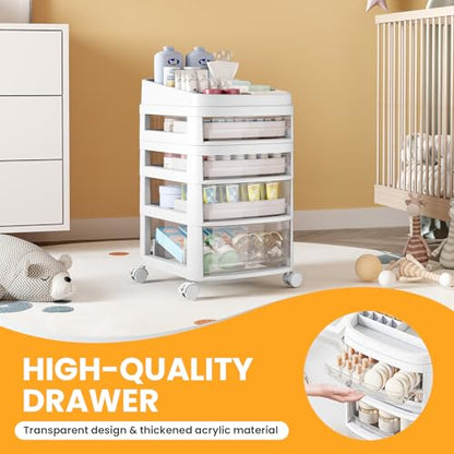Rolling Cart with 4 Drawers, Clear Plastic Drawer Organizers, Dust Proof Under Desk Storage for Makeup, Skincare, Art Crafts and Baby Items, Acrylic Cosmetic Organizer with Dividers, Vanity Cart - size: 4 Tier