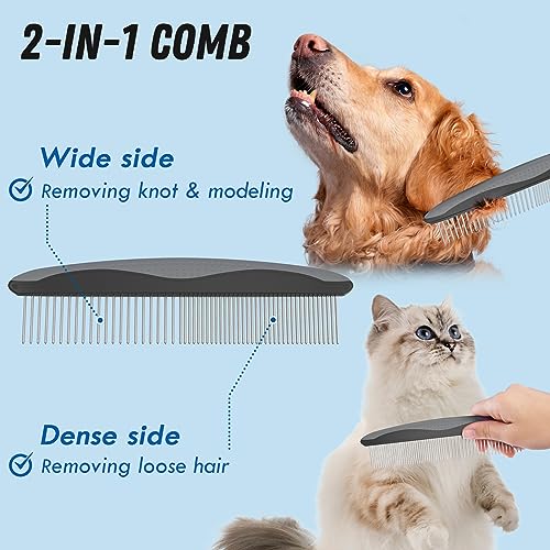 Docrok Pet Grooming Brush and Metal Comb Combo, Cat Brush Dog Brush for Shedding, Undercoat Rake for Dogs Grooming, Dematting Deshedding Brush Dogs Shedding Tool for Long matted Haired Pets, Gray - color: Gray