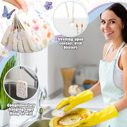Hahafelt 36 Counts Compressed Cellulose Sponges Bulk Cute Wildflower Pop up Sponges Natural Compostable Non Scratch Dish Kitchen Gifts for Washing Dishes, Travel Cleaning Countertop Sink - style: Wildflower