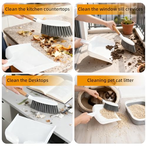Small Broom and Dustpan Set, Multipurpose Dustpan and Brush Set with Wood Handle Teeth,13 x 8.7 inch, Hangable Portable Cleaning for Kitchen, Desktops, Bedroom, Pet Care, Camping, White,1 Set