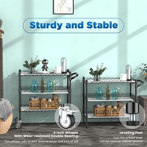 Leteuke 3 Tier Rolling Carts with Wheels, Heavy Duty Rolling Utility Cart,NSF Commercial Grade Metal Cart with Handle&Shelf Liner,Trolley Serving Cart for Kitchen,Restaurant,Plant Display,Black - color: Matte Black