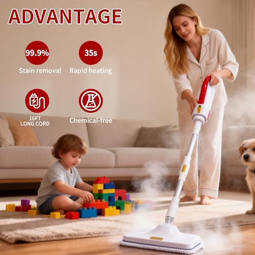 Steam Mop and Multifunctional Steam Cleaner | 1500W, 300ml Tank, 3-Level Control, Mop Head Glass Brush Curved Nozzle, For Floor Carpet Tile