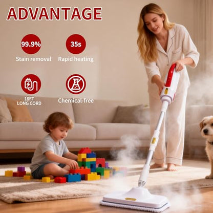 Steam Mop and Multifunctional Steam Cleaner | 1500W, 300ml Tank, 3-Level Control, Mop Head Glass Brush Curved Nozzle, For Floor Carpet Tile