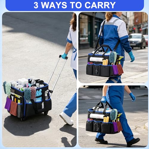 Large Rolling Cleaning Caddy Bag with Detachable Trolley, Cleaning Supplies Organizer Caddy on Wheels with Multi-pocket & Waist Pouch, Water Resistant Cleaning Cart with Shoulder Strap for Housekeeper