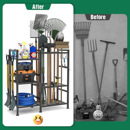 keomaisyto Garden Tool Organizer for Garage Organization, 3 Tier Yard Tool Storage Rack with 35 Long-Handled Tool Slots, Heavy Duty Garden Tool Holder with Large Hooks for Shed, Yard, Garage - size: Extra Large-no Wheels