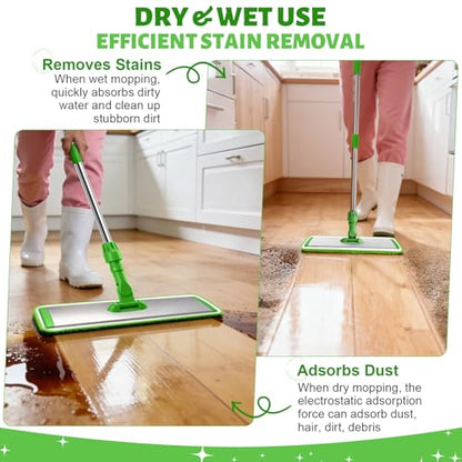 17.7" Microfiber Mop for Floor Cleaning, 59in Long Adjustable Stainless Steel Handle, 360° Rotating Large Flat Mops, 4 Washable Pads for Dry & Wet Cleaning for Hardwood, Vinyl, Laminate, Green