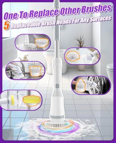 Electric Spin Scrubber, Cordless Shower Scrubber with 5 Replaceable Heads & Adjustable Extension Handle, 2 Speeds & IPX7 Waterproof Cleaning Brush for Bathroom Floor Tile and Grout, White-tb1 - size: 5heads
