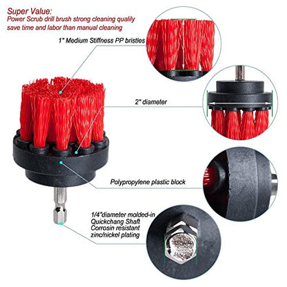 2 inch Diameter Drill Powered Stiff Scrub Cleaning Brush Heavy Duty Cleaning Applications for Bathroom Surfaces, Tile and Grout, Hard Water Stains, Rust (Red)