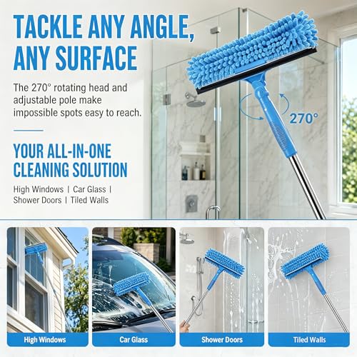 68'' Window Squeegee Cleaner Kit - 2-in-1 Rotatable Window Cleaning Tool with Extension Pole, Professional Streak-Free Squeegee with Bendable Head for Indoor/Outdoor Windows Car Glass (Blue, 38.45FT) - color: Blue