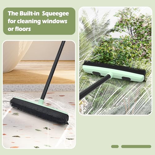 Upgraded Rubber Broom Pet Hair Remover with Squeegee Carpet Rake Fur Sweeper Small Detailing Lint Brush to Fluff Carpet Rug Tile Hardwood Floor
