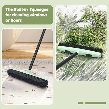 Upgraded Rubber Broom Pet Hair Remover with Squeegee Carpet Rake Fur Sweeper Small Detailing Lint Brush to Fluff Carpet Rug Tile Hardwood Floor