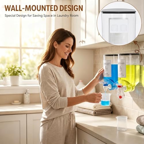 2 Pack Laundry Soap Dispenser,Wall Mounted Detergent Dispenser, Fabric Softener Dispenser, Liquid Dispenser with Spigot for Laundry Room Organization and Storage with 4 Labels Measuring Cups
