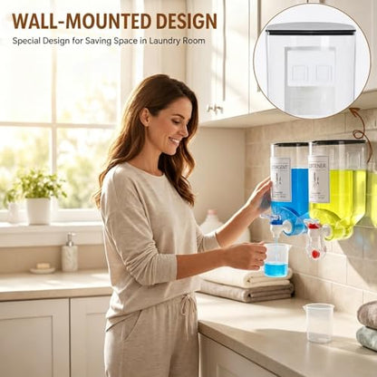 2 Pack Laundry Soap Dispenser,Wall Mounted Detergent Dispenser, Fabric Softener Dispenser, Liquid Dispenser with Spigot for Laundry Room Organization and Storage with 4 Labels Measuring Cups