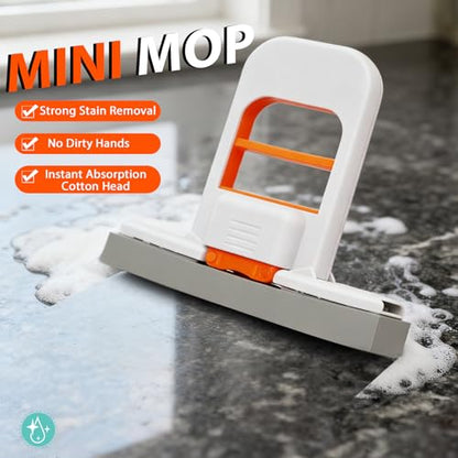 Self Squeezing Mini Mop, Orange Small Sponge Mop, Wet and Dry Use Cleaning System, Foldable Desktop Mop, One-Hand Squeeze Handle and Replaceable Head - color: Orange