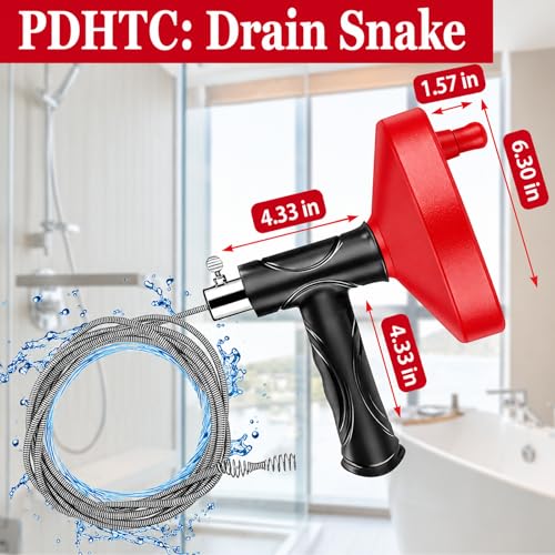 Drain Snake Auger 33 Ft, Plumbing Snake Drain Hair Clog Removal Tool, Heavy Duty Snake Auger, Sink Unclogger Drain Cleaner Tool for Bathroom Kitchen Tub Shower Drain Clog Remover with Gloves, Red